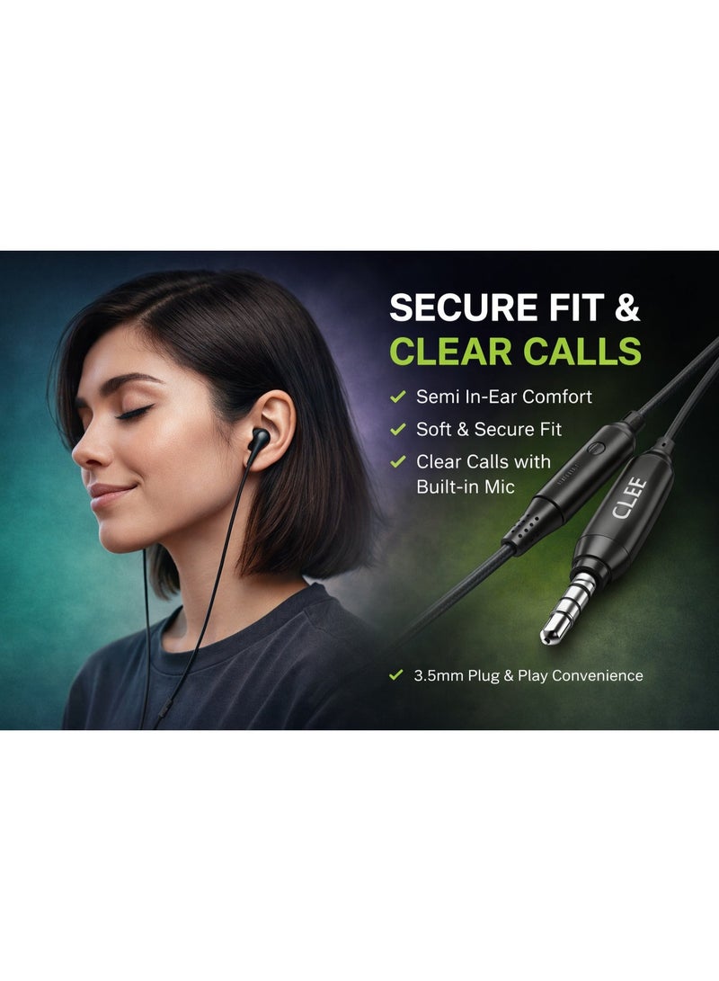 CLEF Wired Earphones with Microphone, High Fidelity Stereo Sound, 3.5mm Plug & Play, Semi In-Ear Design for Music & Calls – Black - Image 3